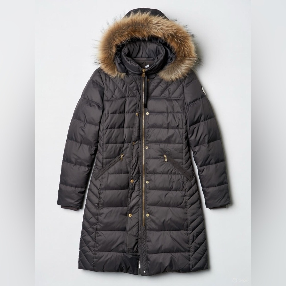 Michael Kors Gray Quilted Coat with Faux Fur Hood - Picture 2 of 10
